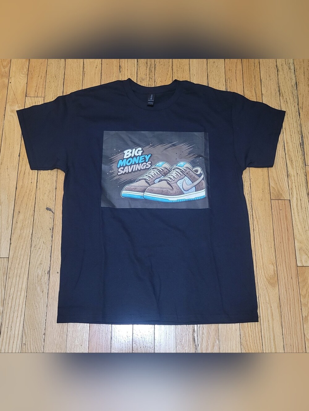 Gildan Black Graphic Tee with Blue and Brown Shoe Print